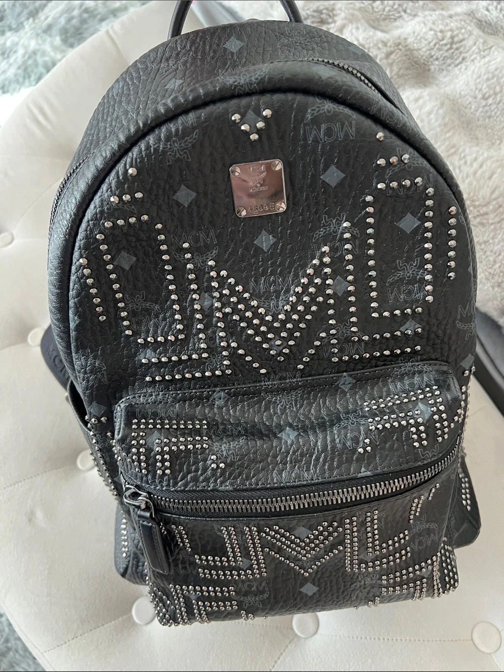 Authentic Mcm Studded Stark Gunta Backpack In Black Visetos Coated Canvas